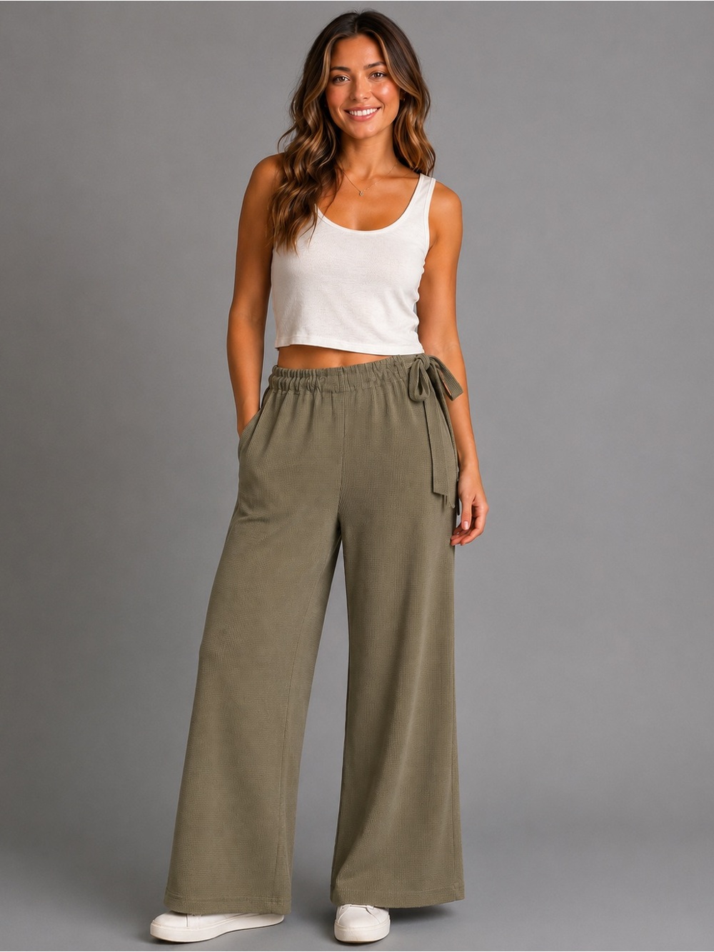 Final Touch USA Olive Waffle Knit Wide Leg Pants Women’s Large Boho